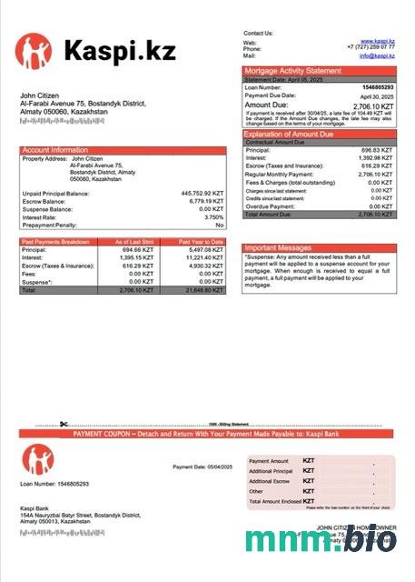 Kazachstan Bank Kaspi wyciąg z kredytu hipotecznego szablon Word i PDF